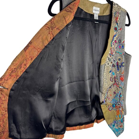 Chicos‎ Size 1 (M/8) Women's Wool Blend Vest Beaded Sequins Patchwork Artsy Boho - Picture 6 of 11